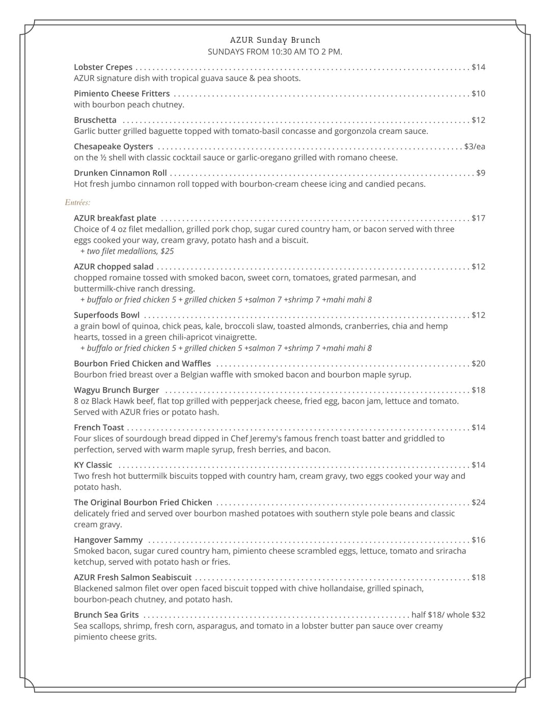 Azur Restaurant & Patio Brunch Menu